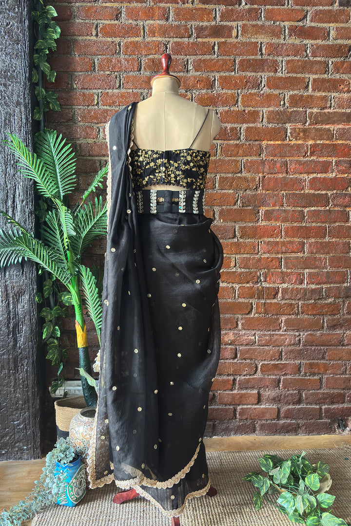 Black Organza Saree With Mirror Work Corset Belt