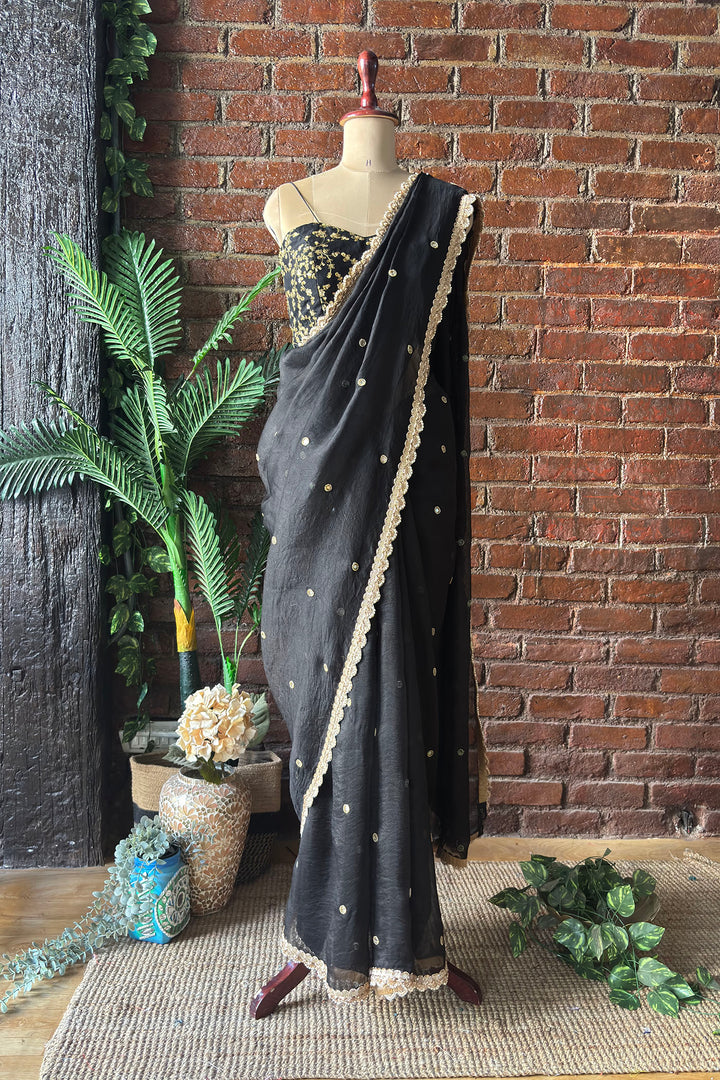 Black Organza Saree With Mirror Work Corset Belt