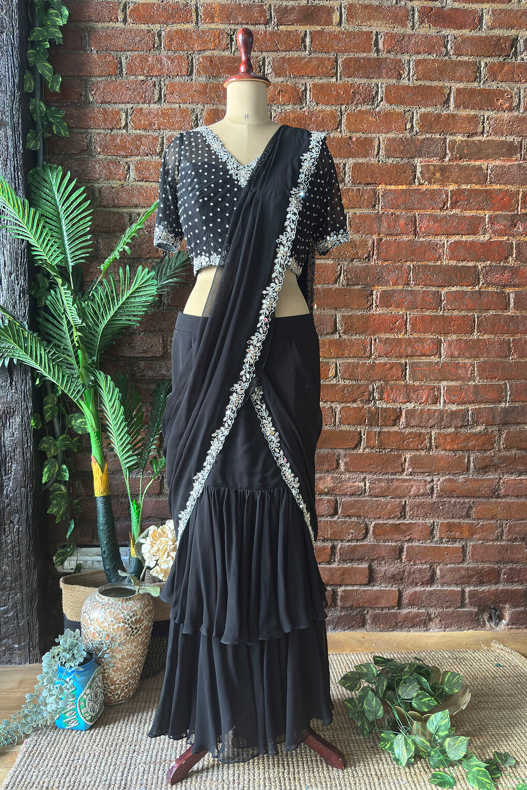 Black Ruffle Saree With Mirror Embroidery