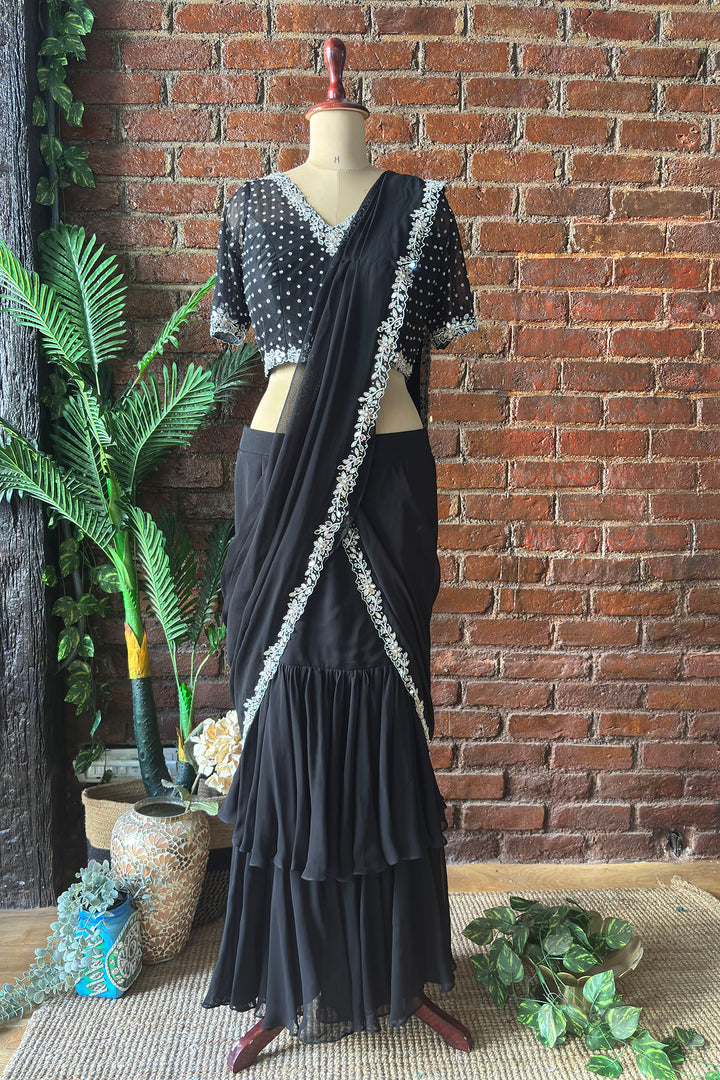 Black Ruffle Saree With Mirror Embroidery