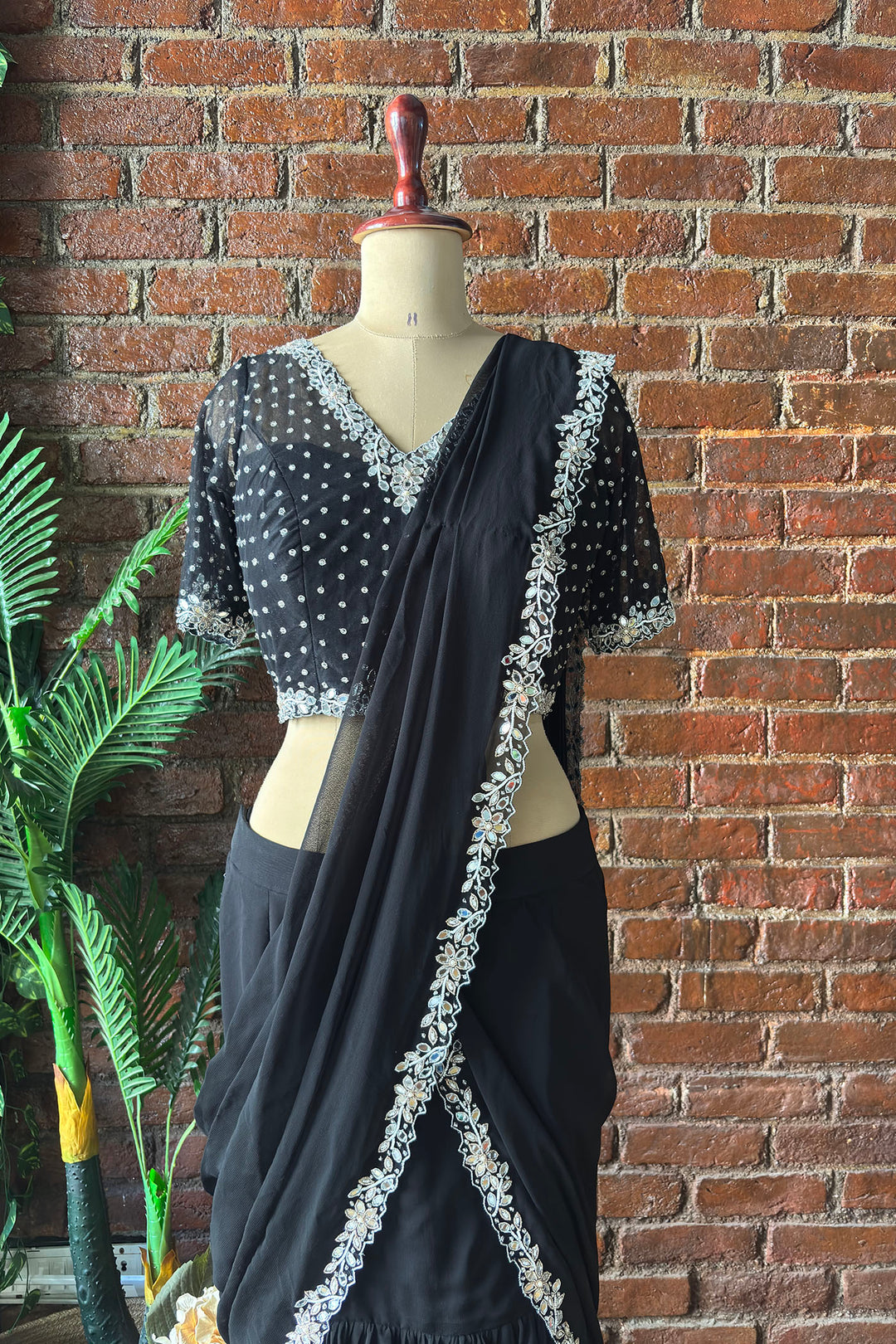 Black Ruffle Saree With Mirror Embroidery
