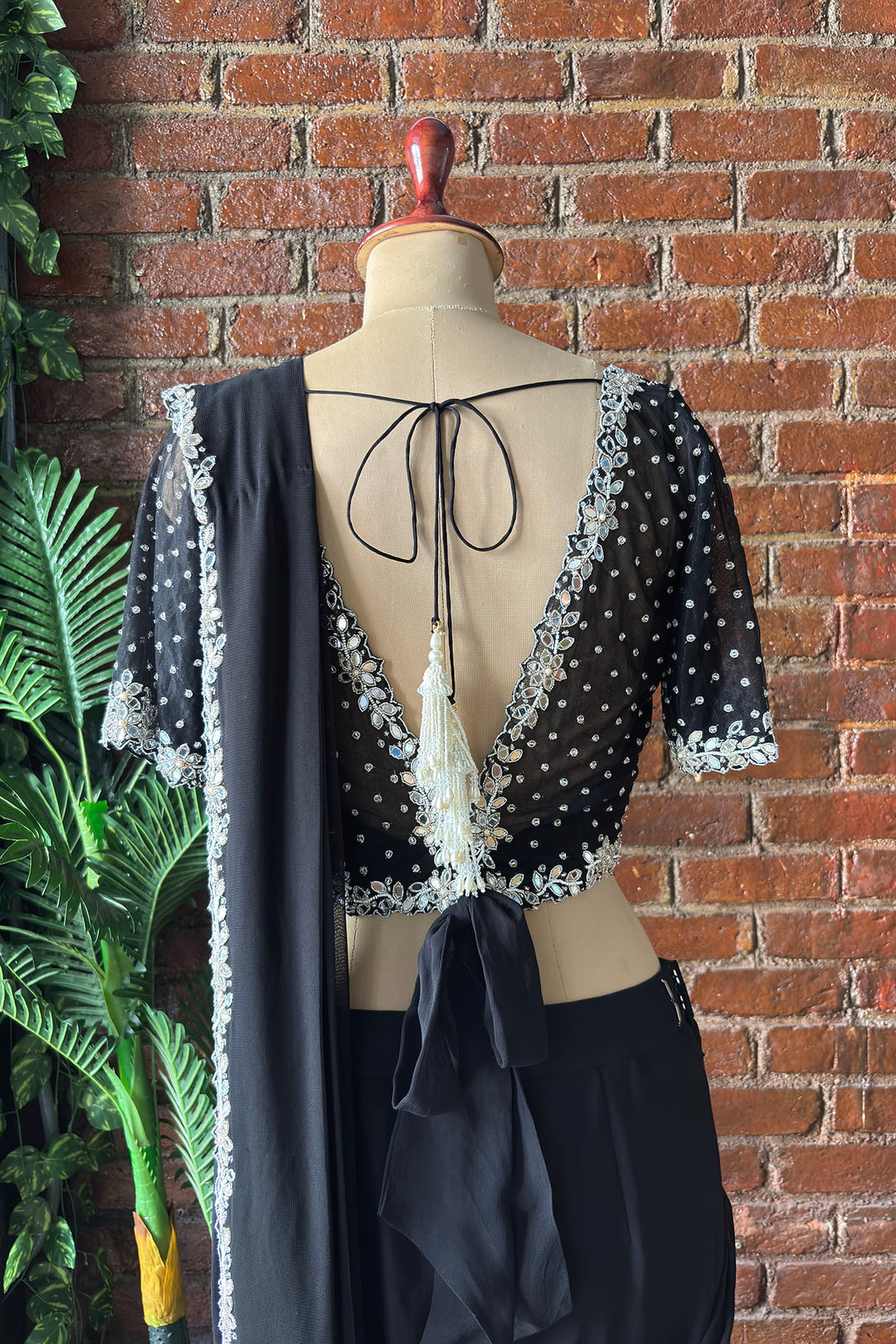 Black Ruffle Saree With Mirror Embroidery