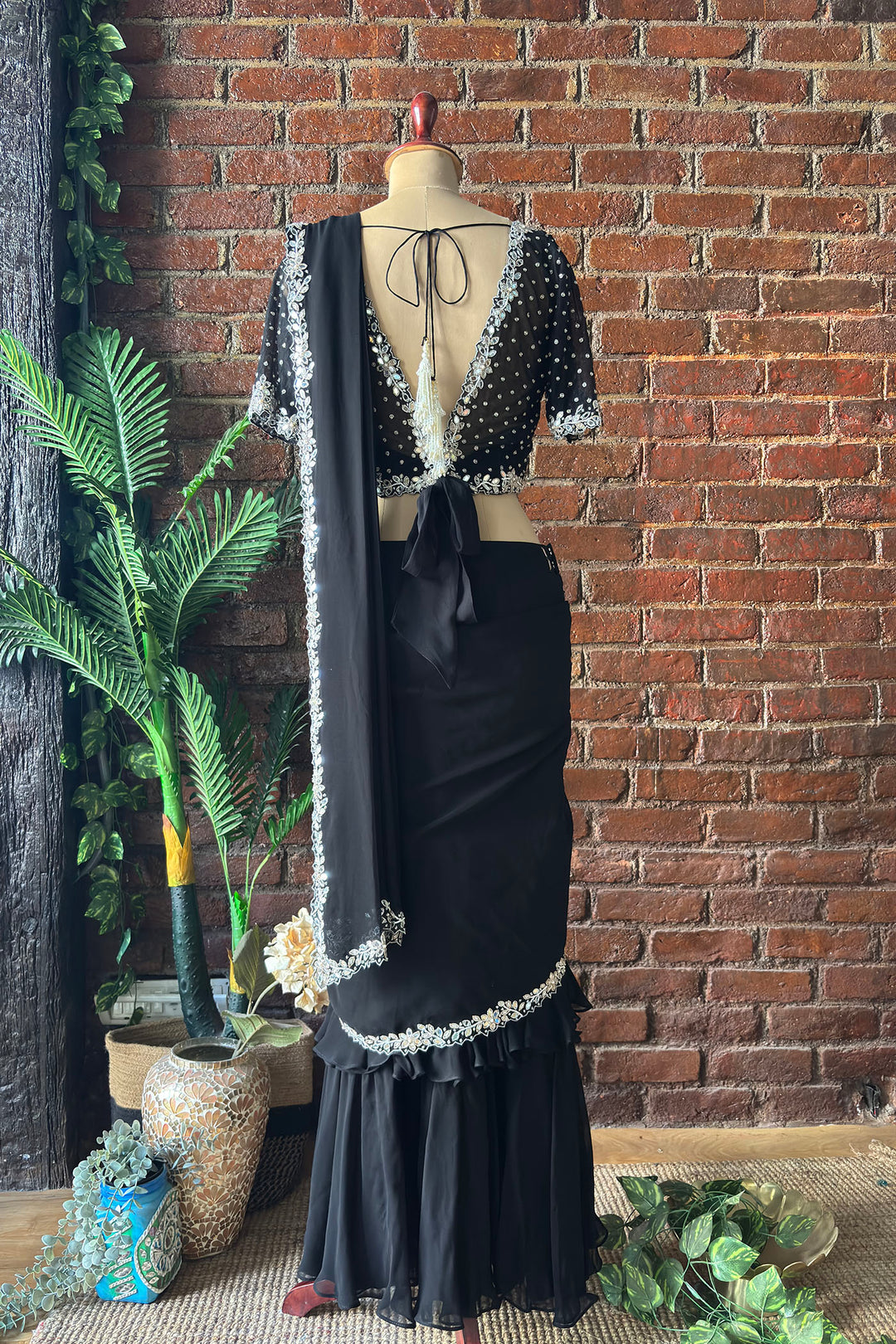 Black Ruffle Saree With Mirror Embroidery