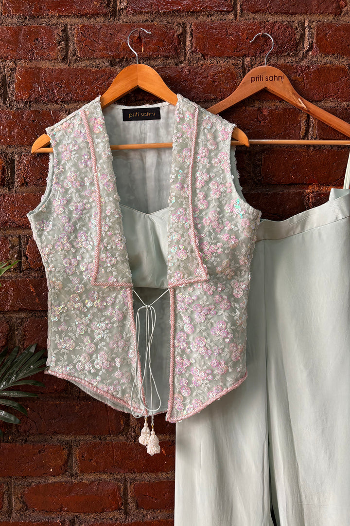 Mint Sequin Work Jacket And Pant Set