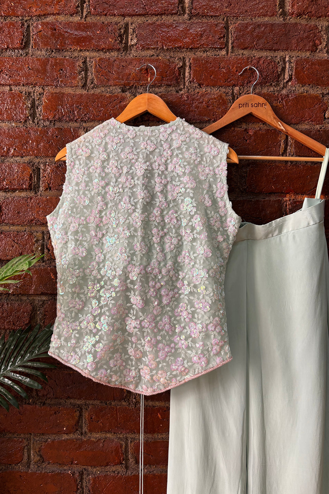 Mint Sequin Work Jacket And Pant Set