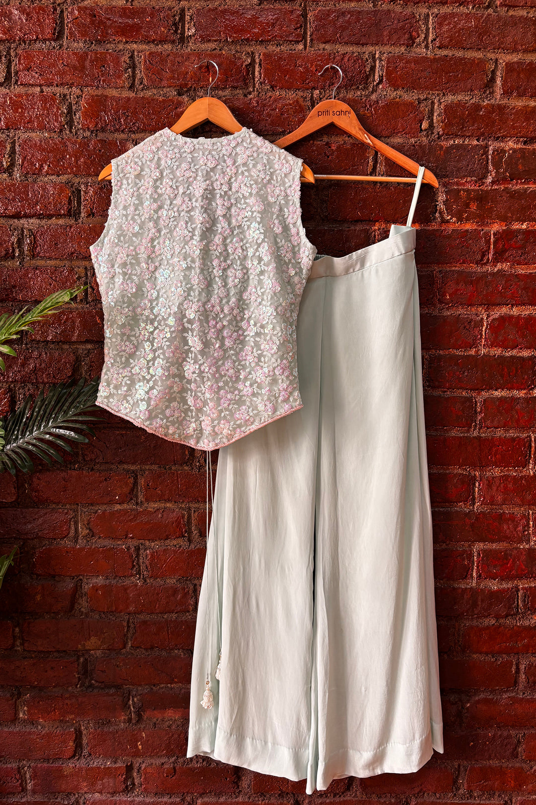 Mint Sequin Work Jacket And Pant Set