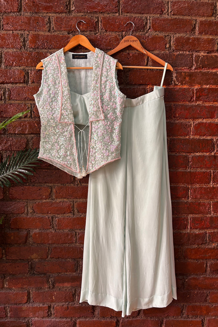 Mint Sequin Work Jacket And Pant Set