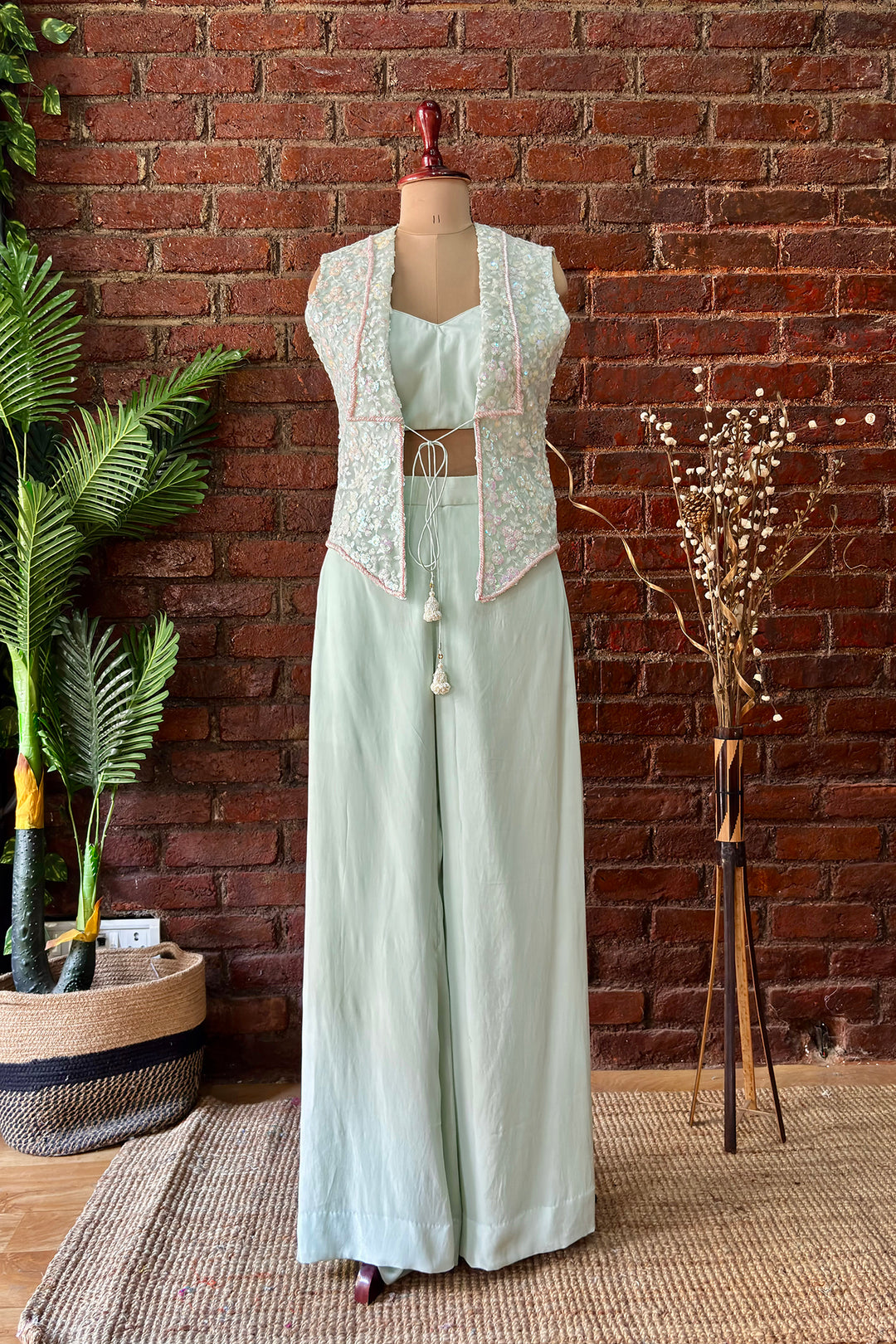 Mint Sequin Work Jacket And Pant Set