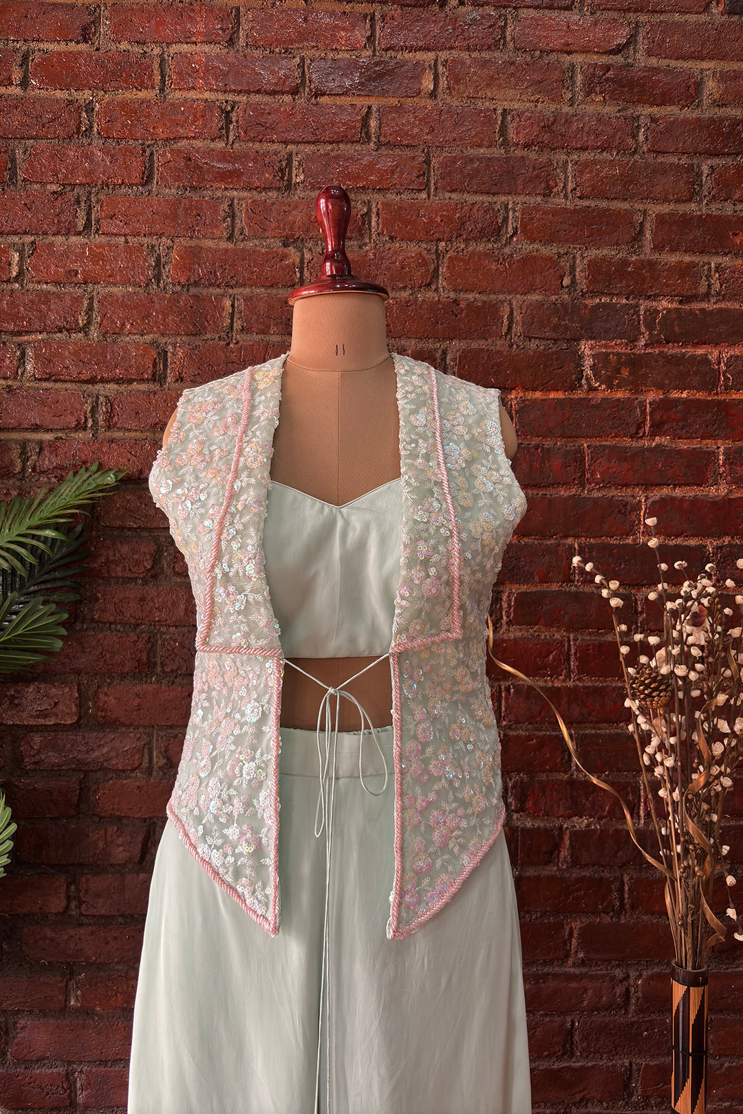 Mint Sequin Work Jacket And Pant Set