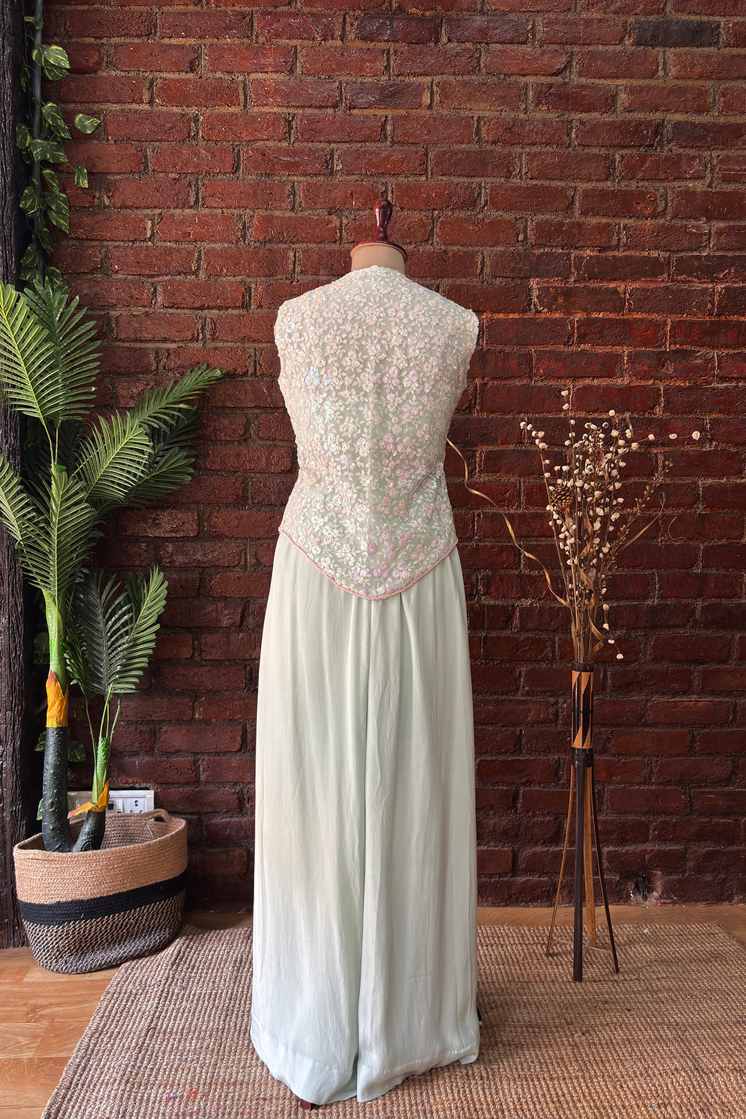 Mint Sequin Work Jacket And Pant Set