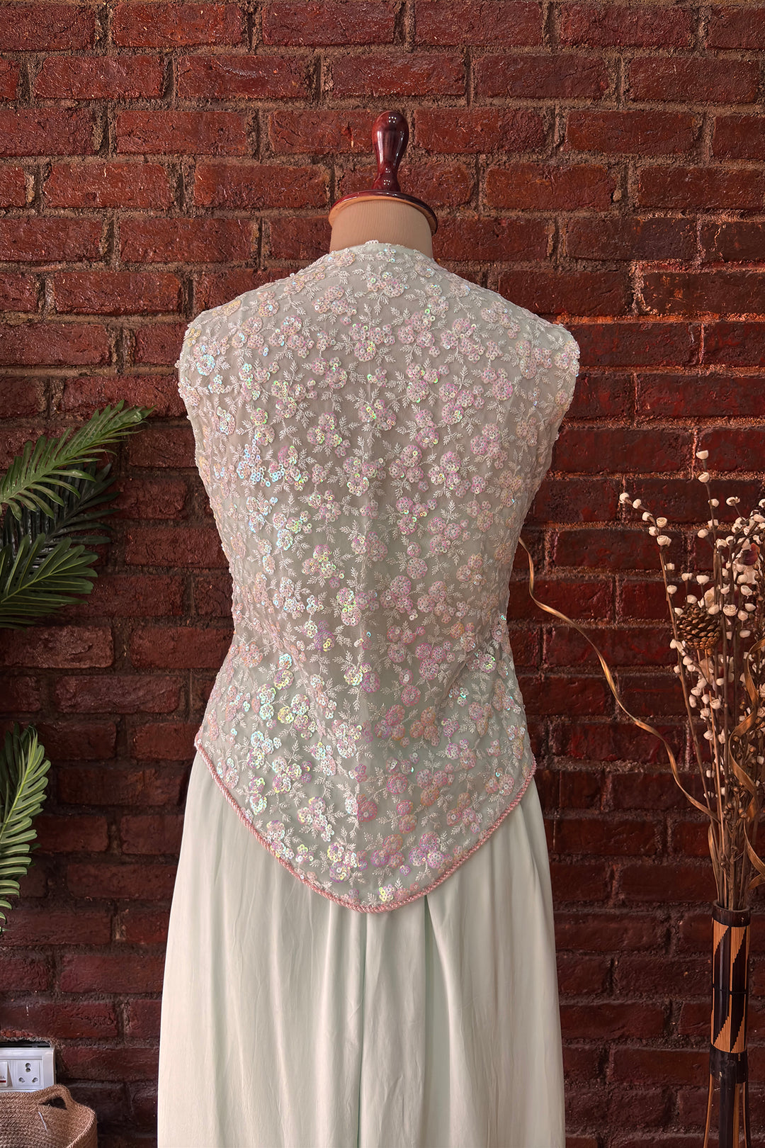 Mint Sequin Work Jacket And Pant Set