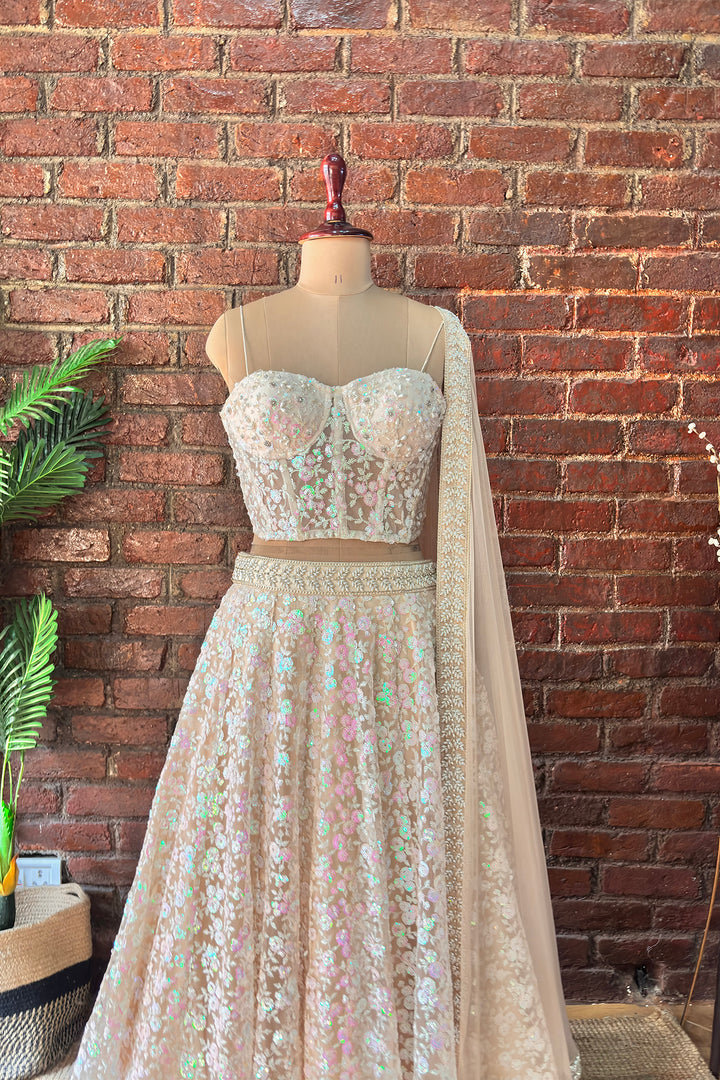 Beige Sequin Work Corset And Lehenga Set