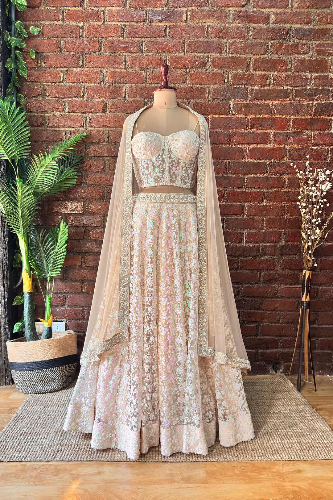 Beige Sequin Work Corset And Lehenga Set