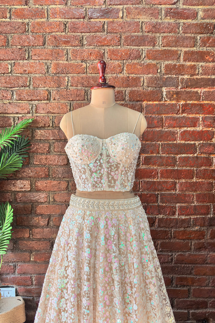 Beige Sequin Work Corset And Lehenga Set