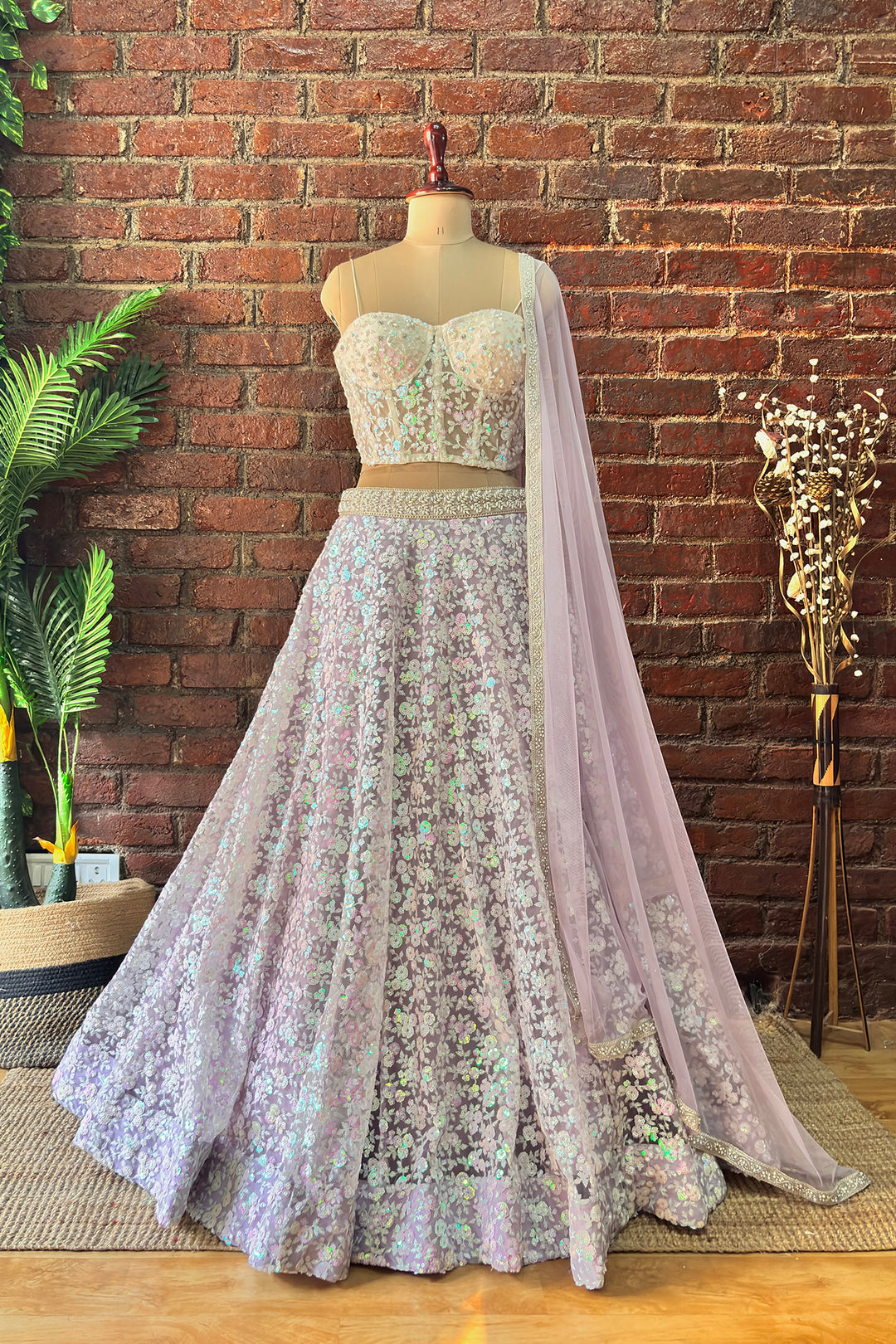 Ivory Corset And Lavender Sequin Work Lehenga Set