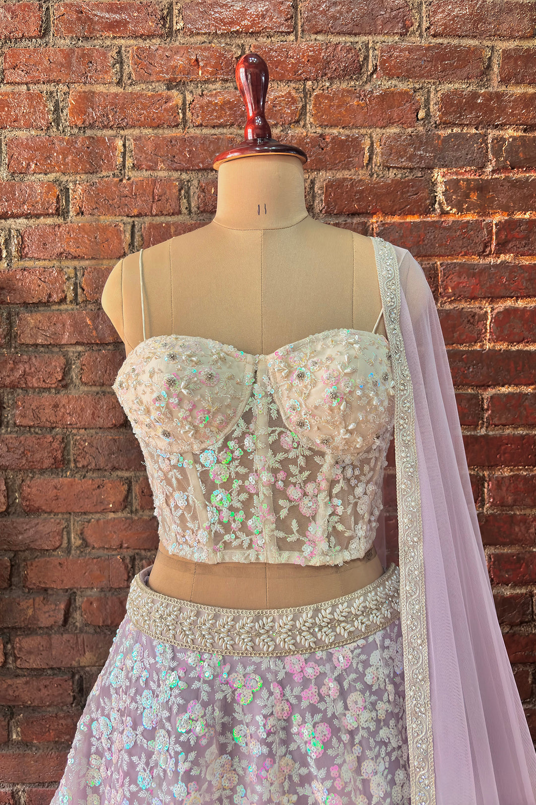 Ivory Corset And Lavender Sequin Work Lehenga Set