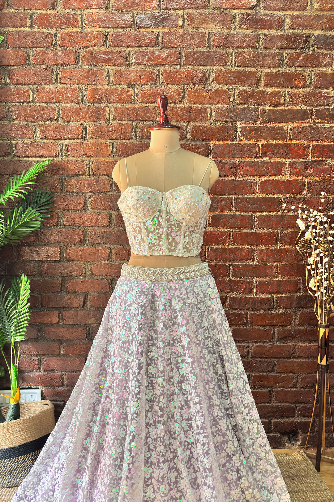 Ivory Corset And Lavender Sequin Work Lehenga Set