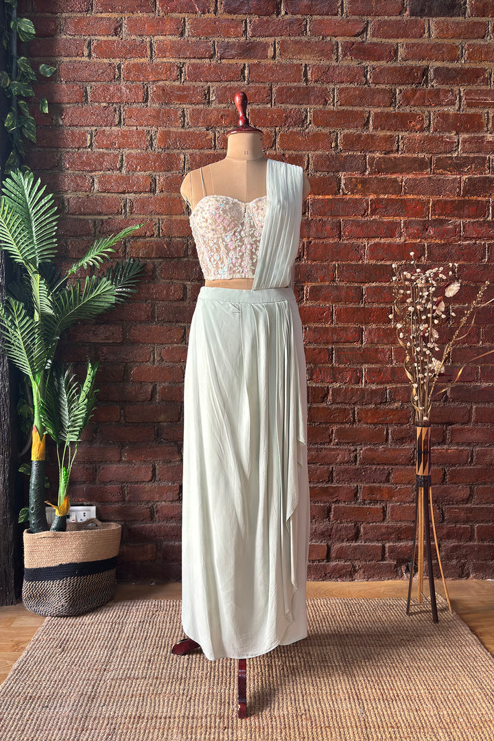 Ivory Sequin Work Corset And Mint Green Draped Saree