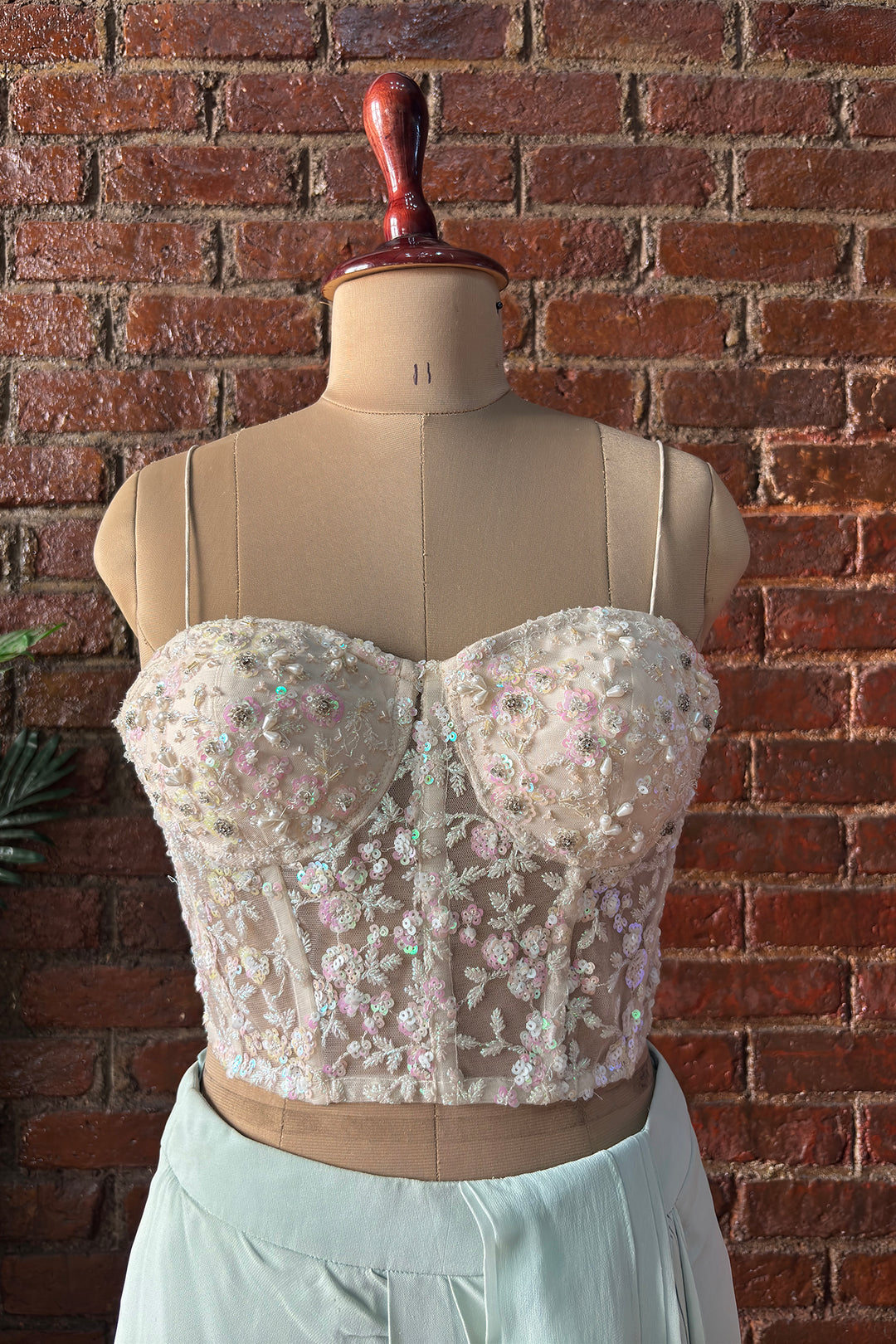 Ivory Sequin Work Corset And Mint Green Draped Saree