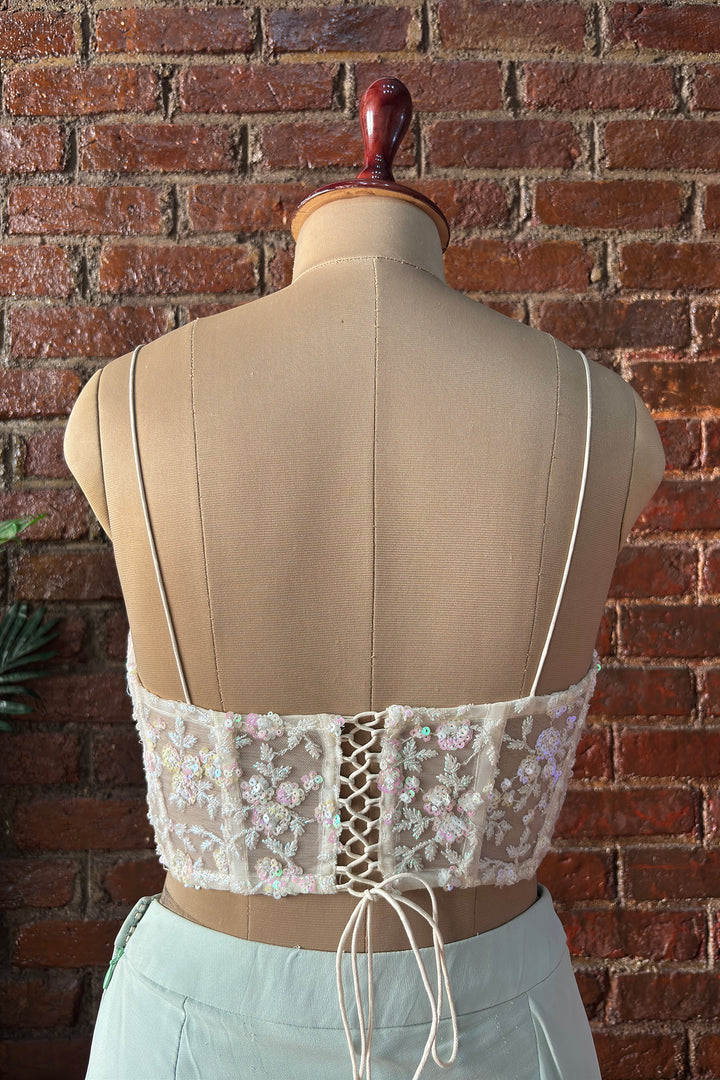Ivory Sequin Work Corset And Mint Green Draped Saree