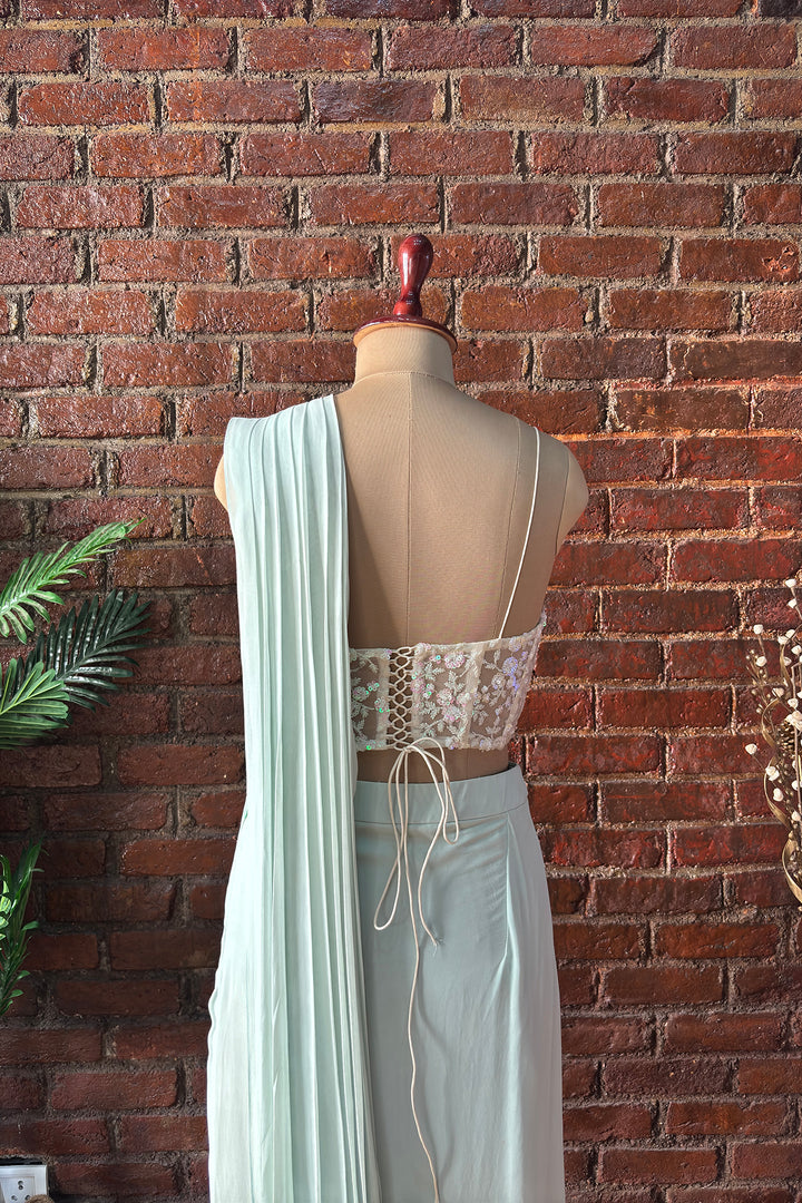 Ivory Sequin Work Corset And Mint Green Draped Saree