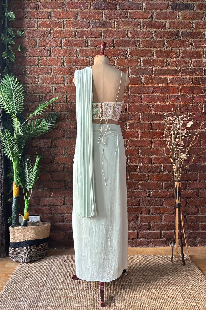 Ivory Sequin Work Corset And Mint Green Draped Saree