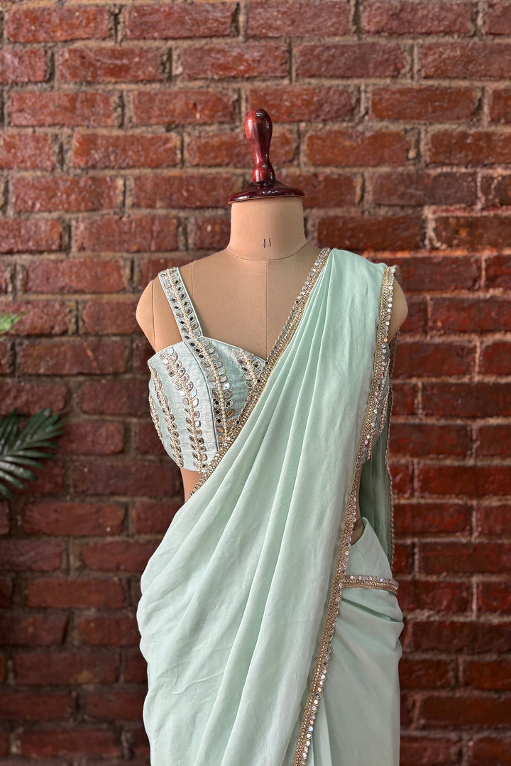Mint Pre-Draped Saree With Mirror Work Blouse