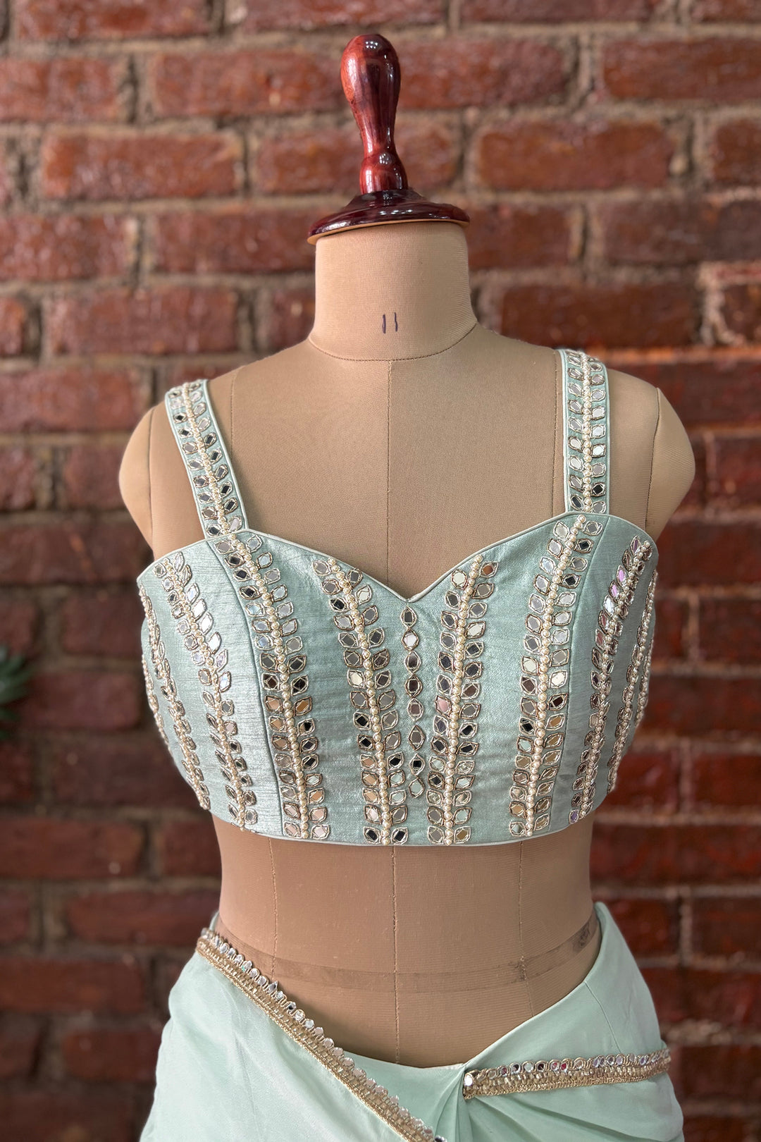 Mint Pre-Draped Saree With Mirror Work Blouse