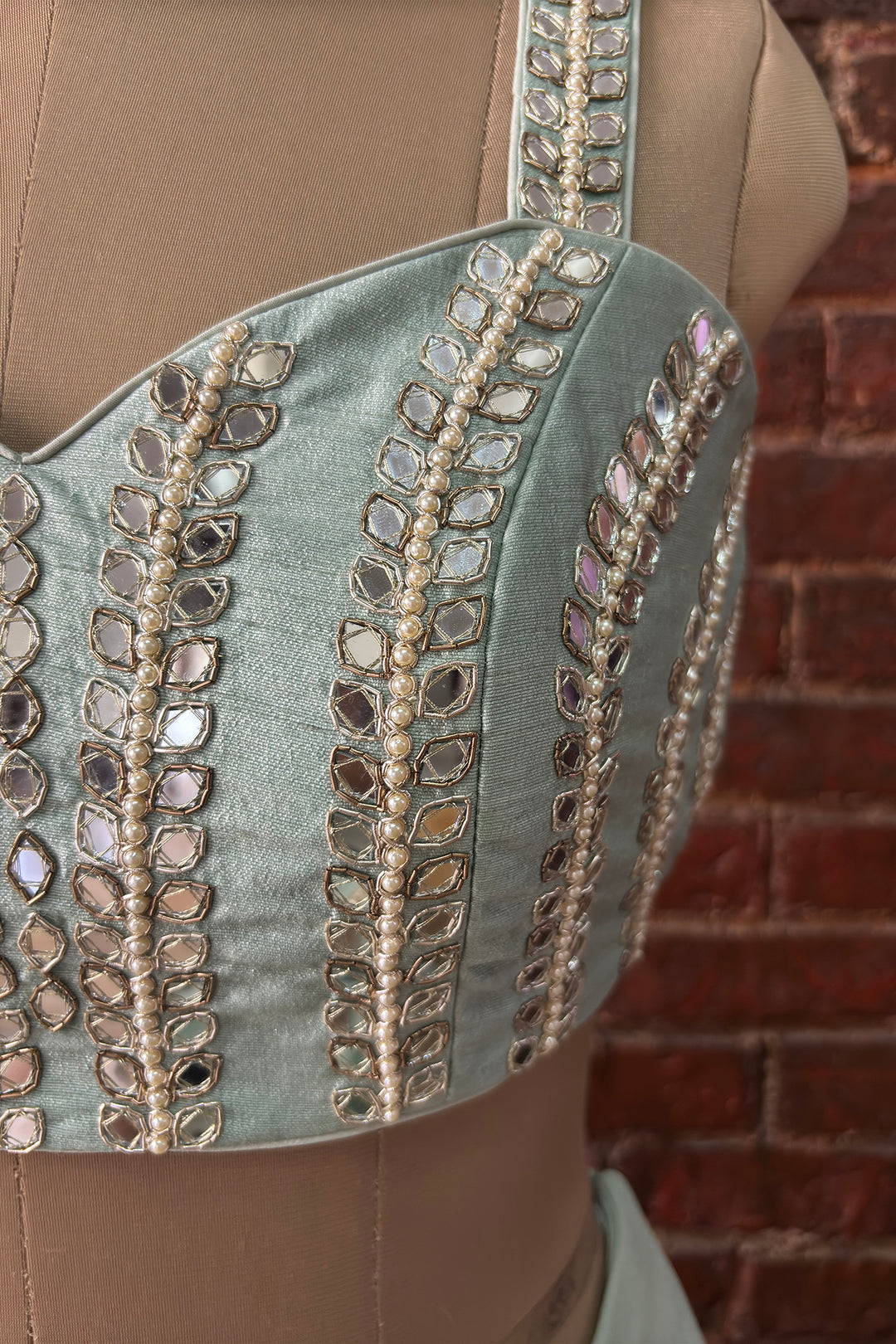 Mint Pre-Draped Saree With Mirror Work Blouse