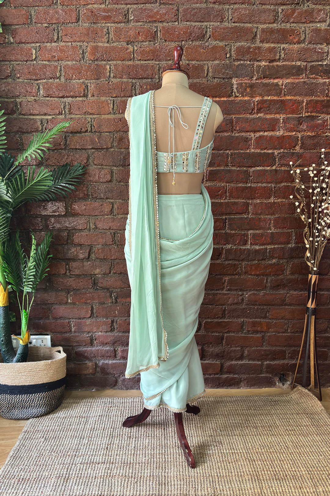 Mint Pre-Draped Saree With Mirror Work Blouse