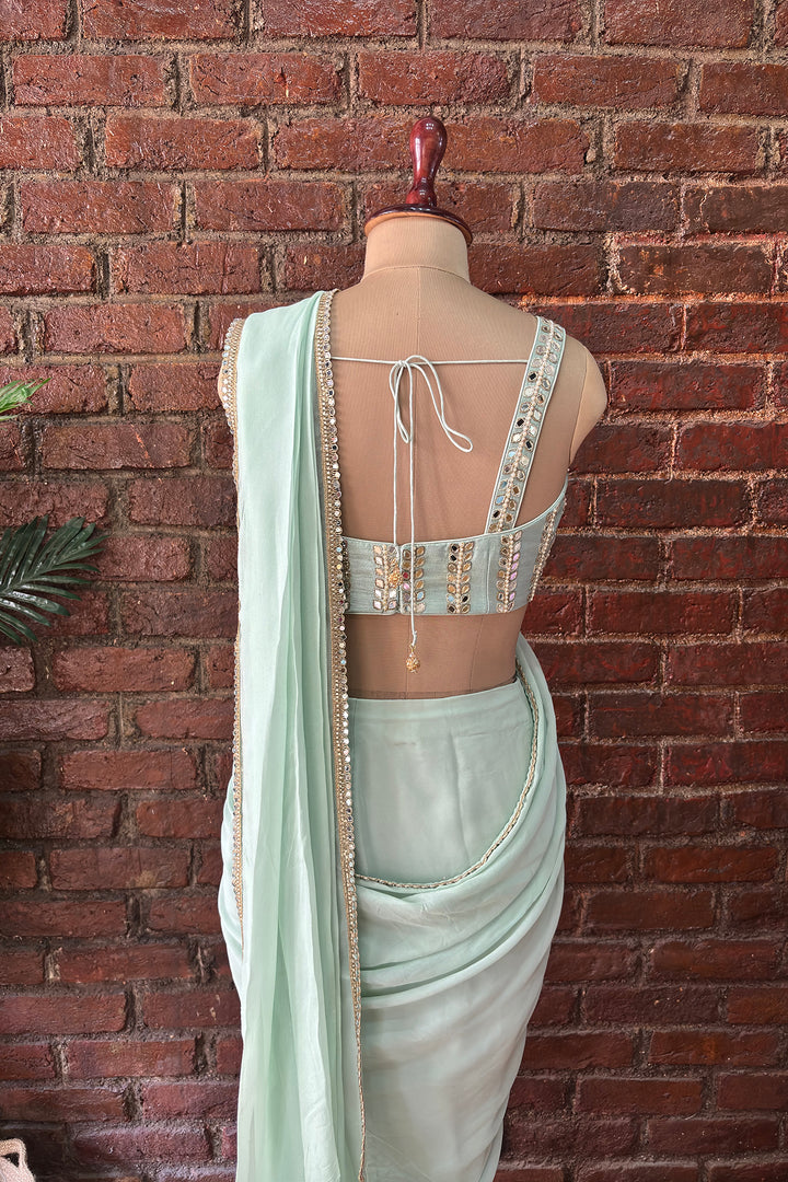 Mint Pre-Draped Saree With Mirror Work Blouse