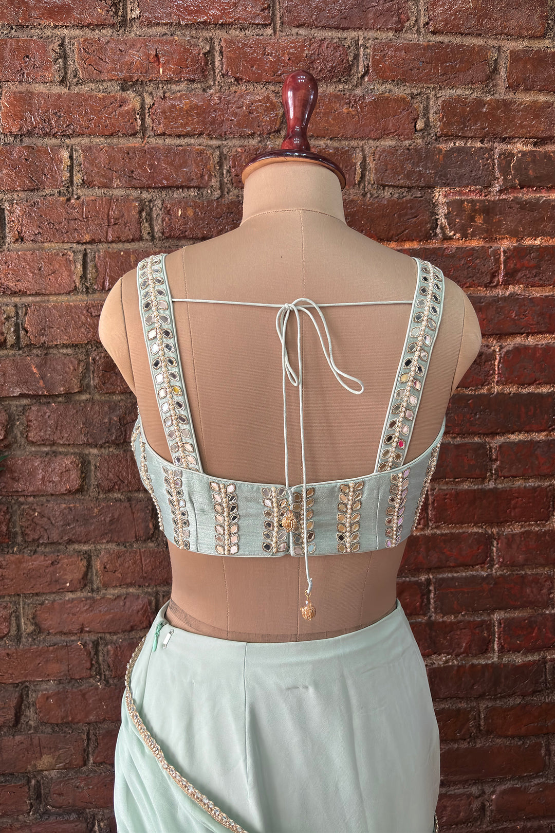 Mint Pre-Draped Saree With Mirror Work Blouse