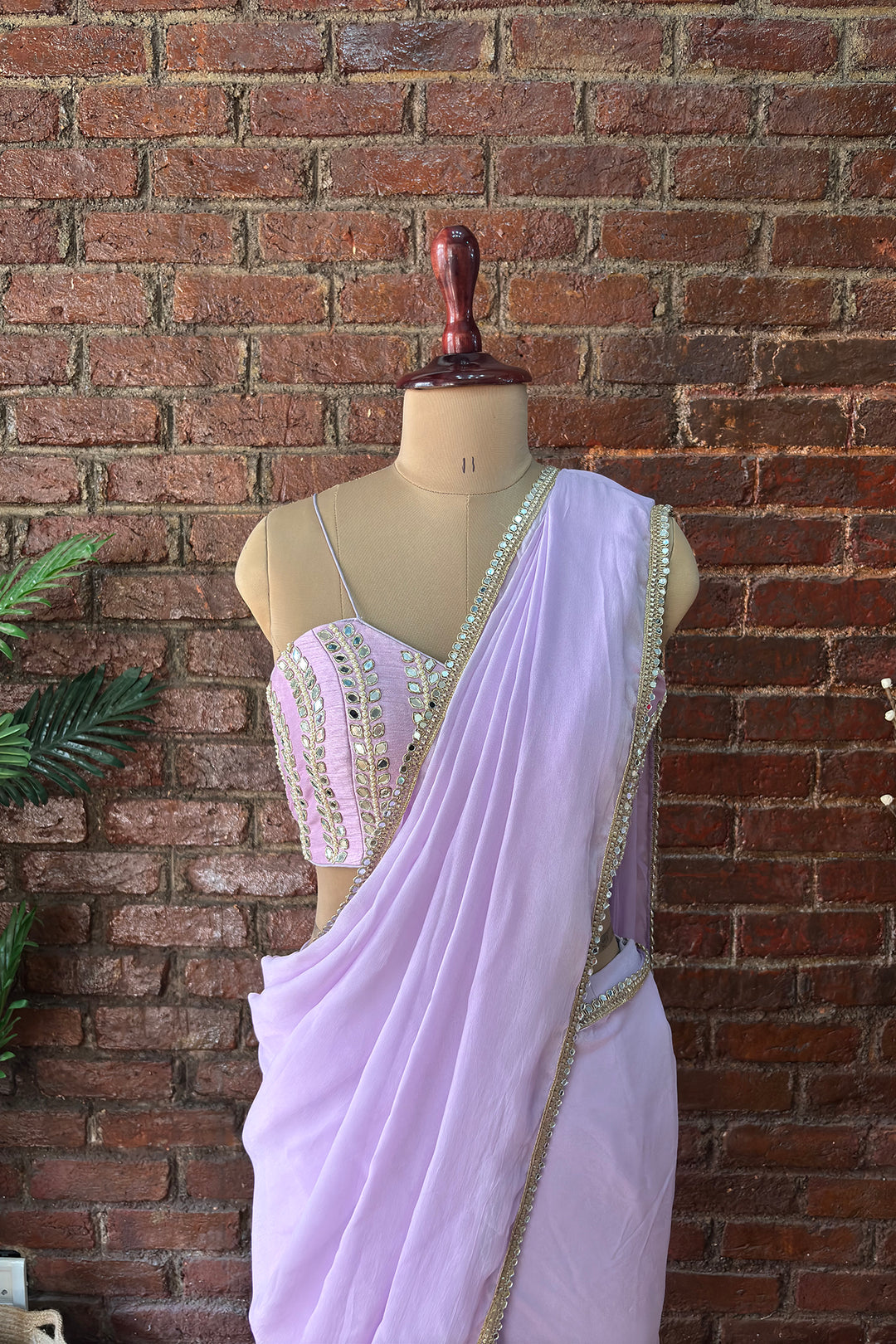 Lavender Pre-Draped Saree With Mirror Work Blouse