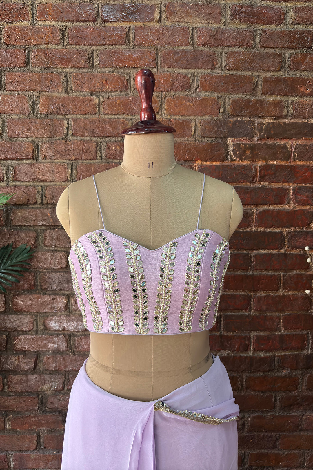 Lavender Pre-Draped Saree With Mirror Work Blouse