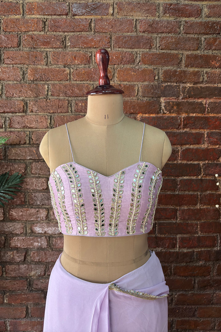 Lavender Pre-Draped Saree With Mirror Work Blouse