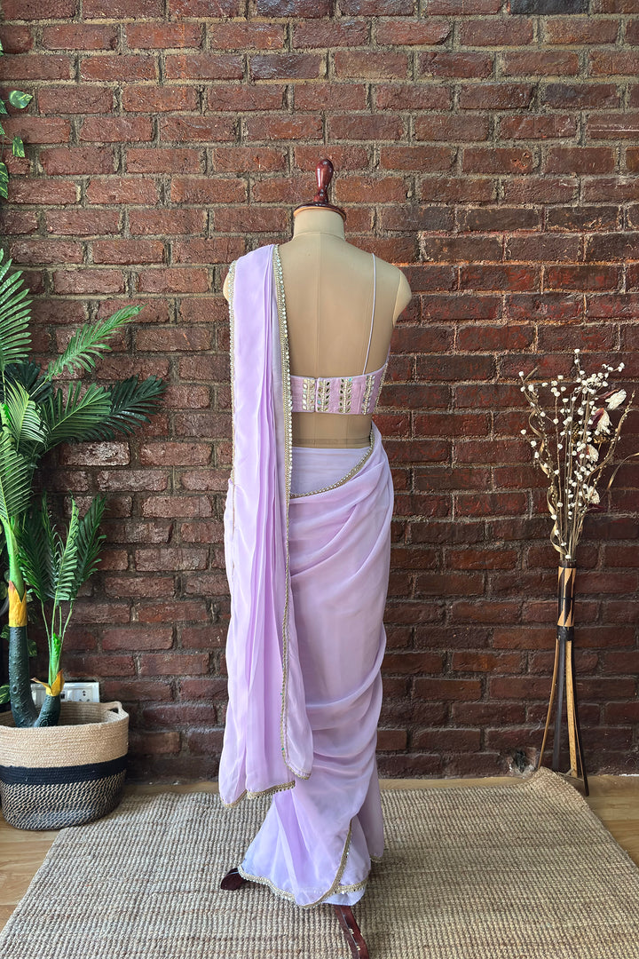 Lavender Pre-Draped Saree With Mirror Work Blouse