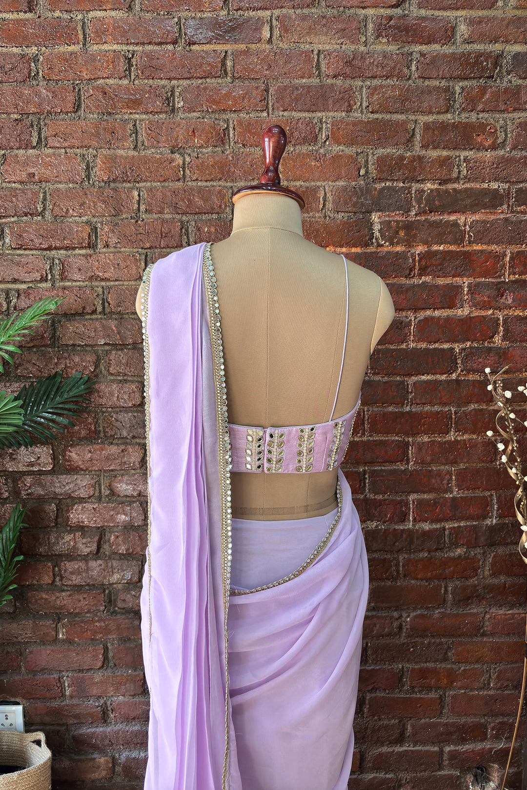 Lavender Pre-Draped Saree With Mirror Work Blouse