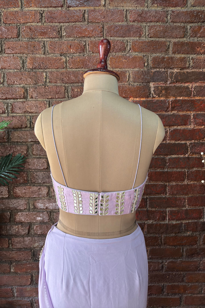 Lavender Pre-Draped Saree With Mirror Work Blouse