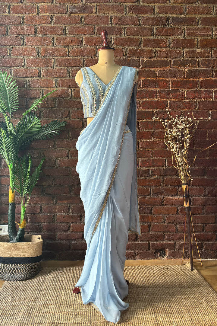 Dusty Blue Pre-Draped Saree With Mirror Work Blouse