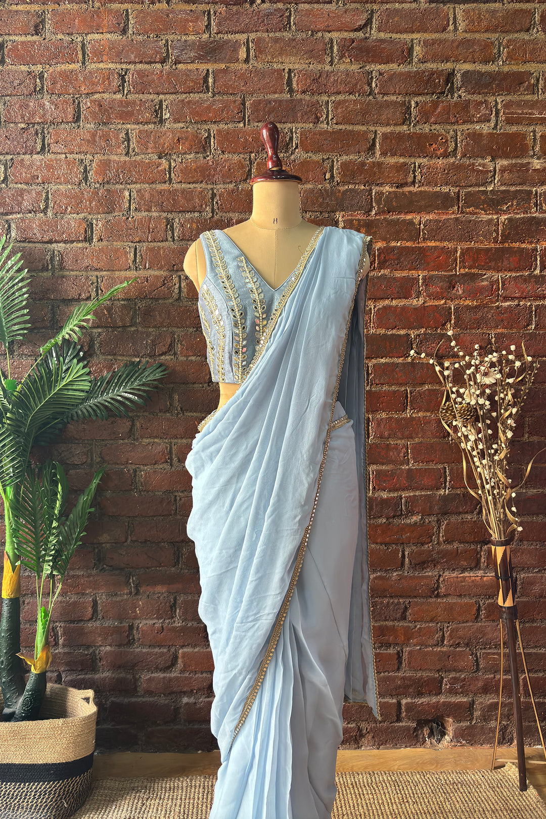 Dusty Blue Pre-Draped Saree With Mirror Work Blouse