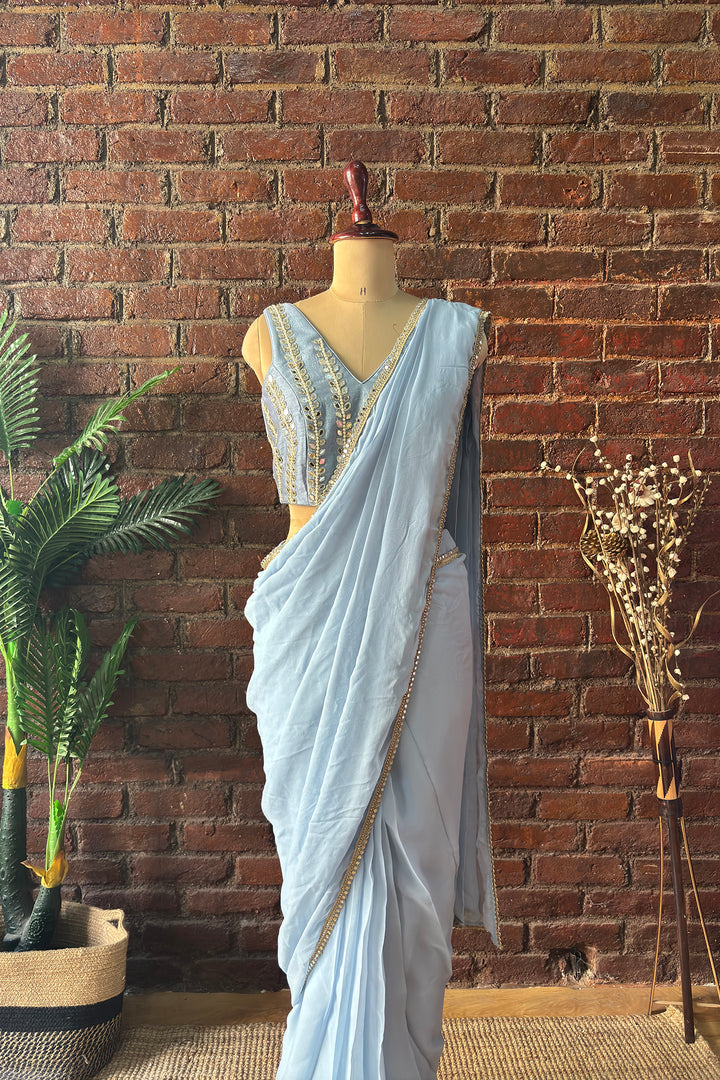 Dusty Blue Pre-Draped Saree With Mirror Work Blouse