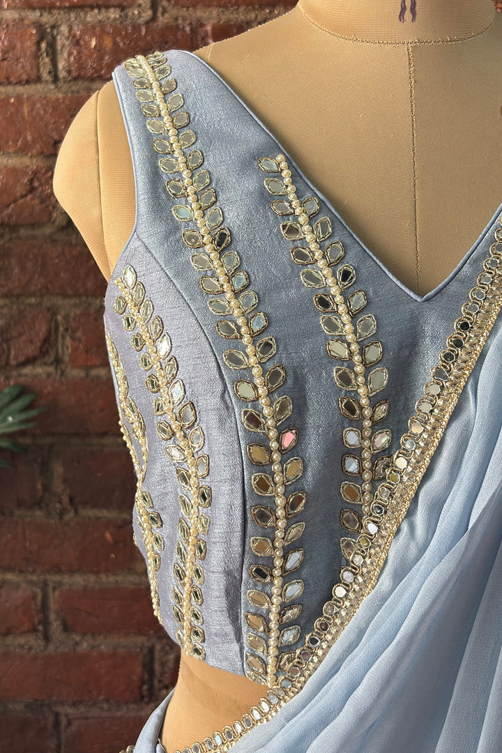 Dusty Blue Pre-Draped Saree With Mirror Work Blouse