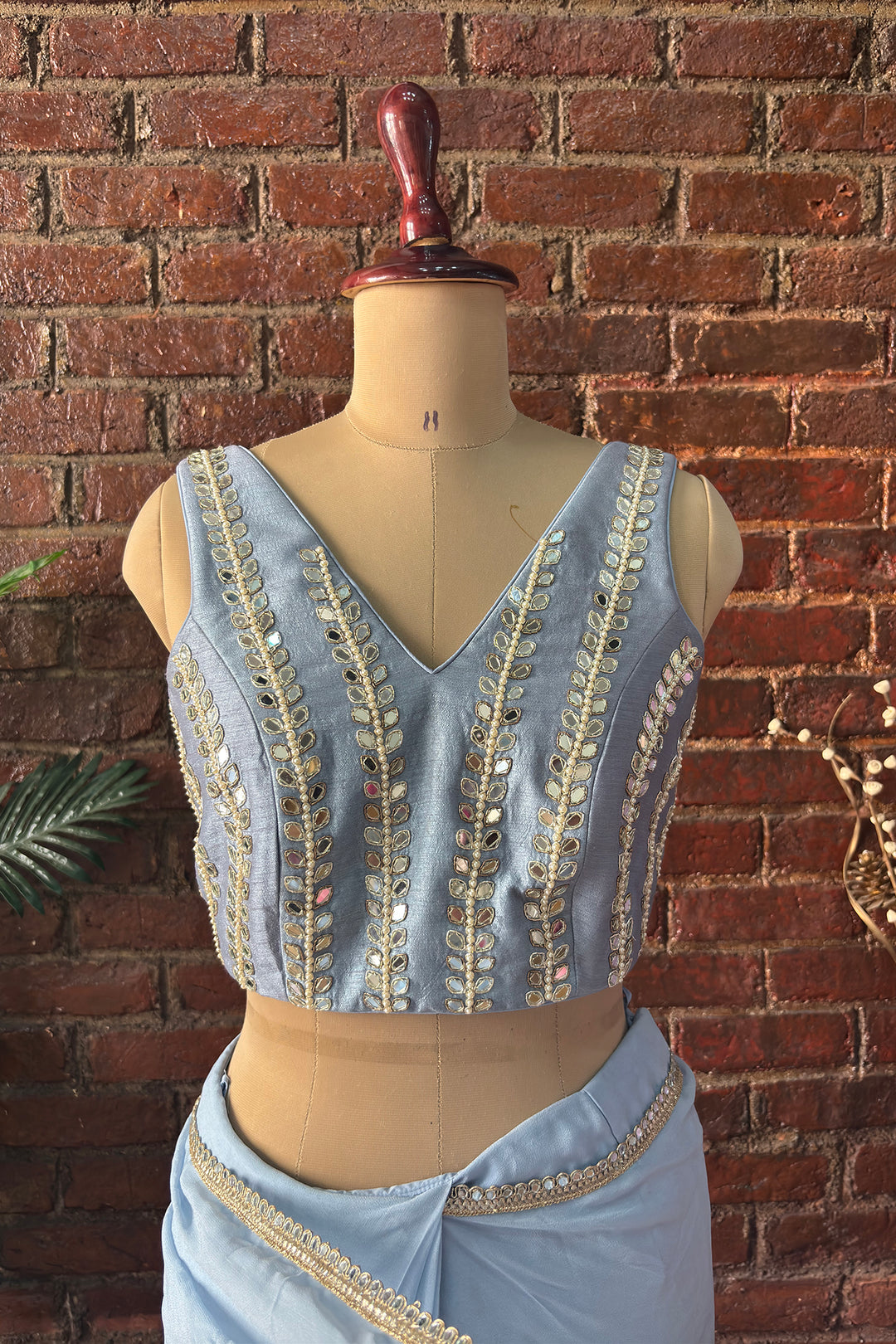 Dusty Blue Pre-Draped Saree With Mirror Work Blouse