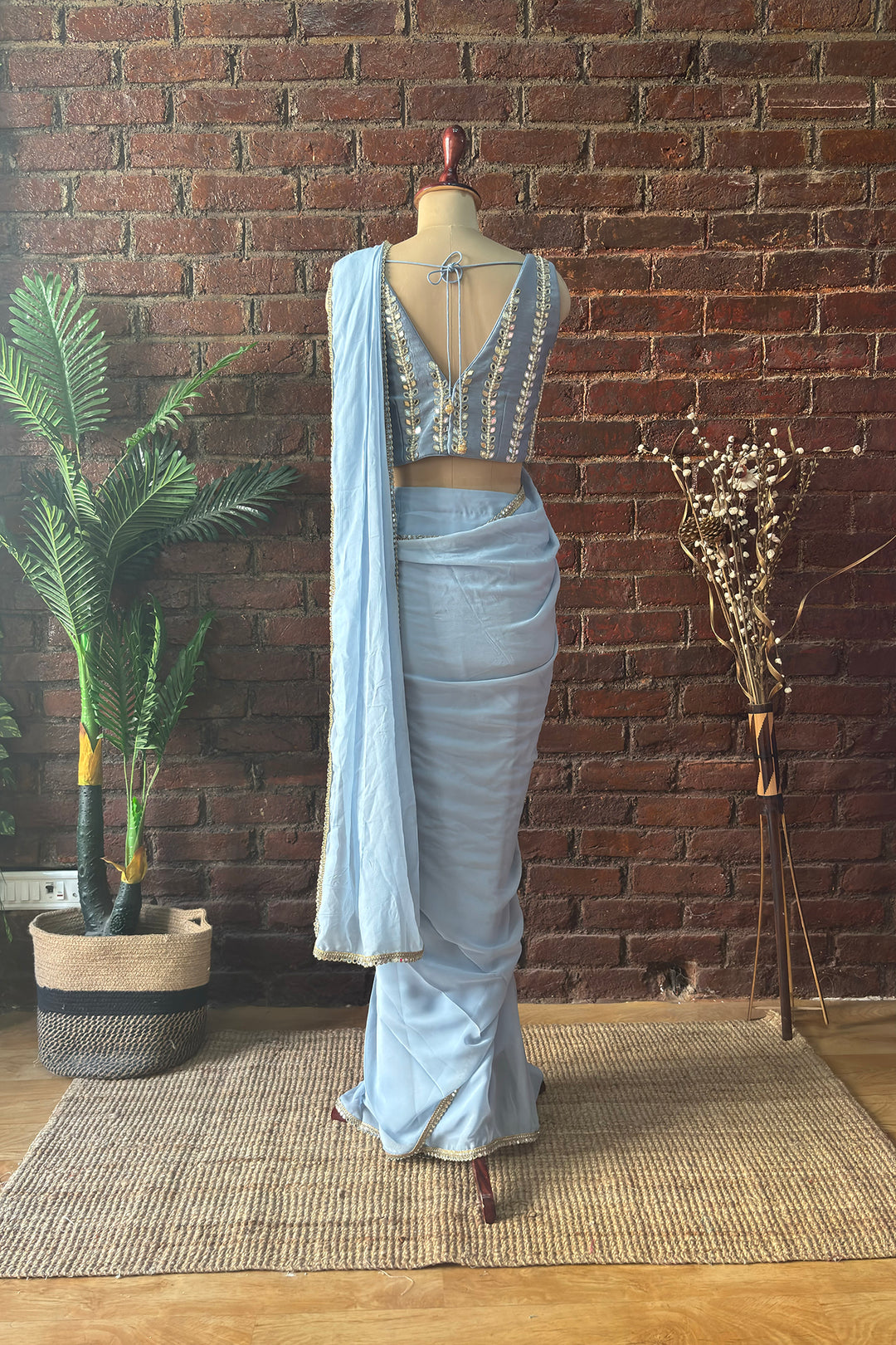 Dusty Blue Pre-Draped Saree With Mirror Work Blouse
