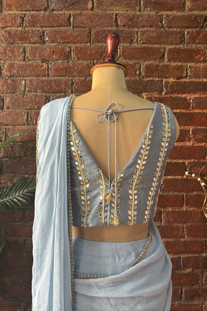 Dusty Blue Pre-Draped Saree With Mirror Work Blouse