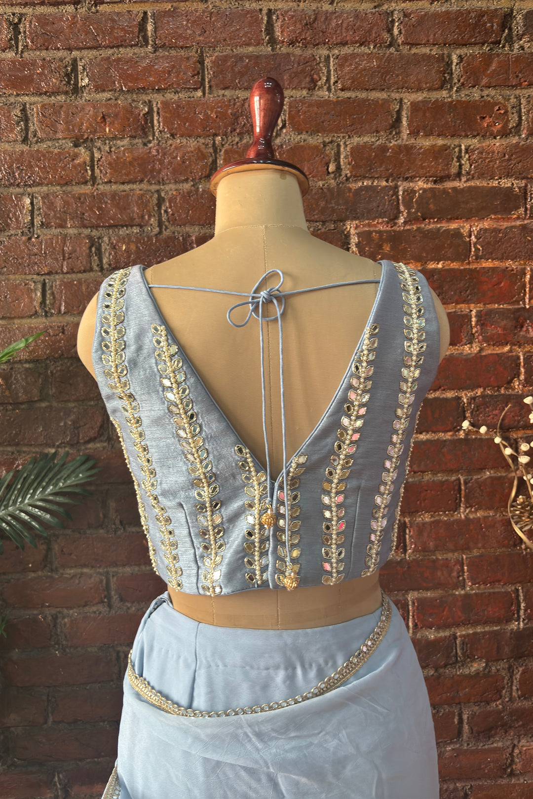 Dusty Blue Pre-Draped Saree With Mirror Work Blouse