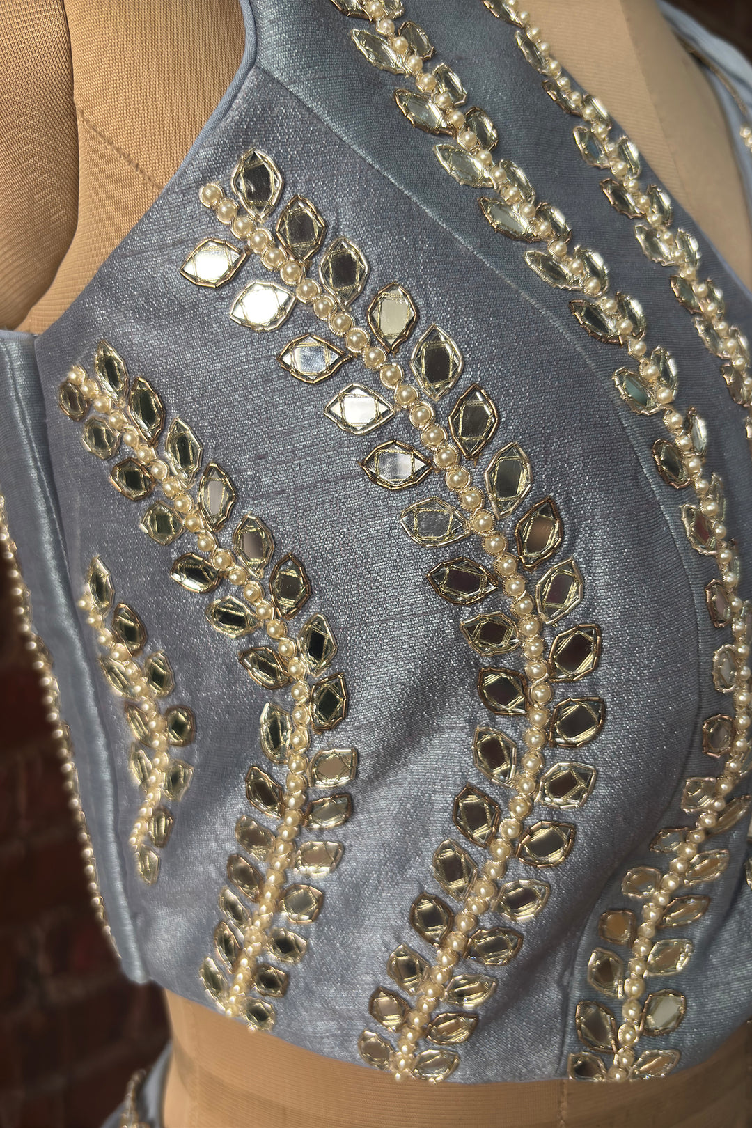 Dusty Blue Pre-Draped Saree With Mirror Work Blouse