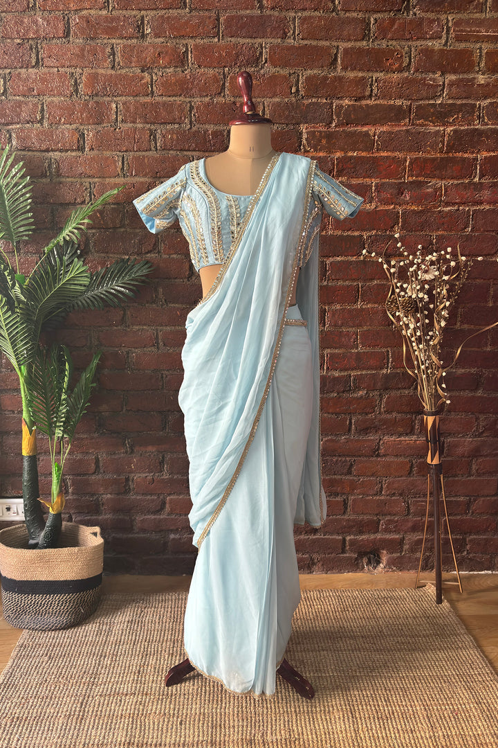 Sky Blue Pre-Draped Saree With Mirror Work Blouse