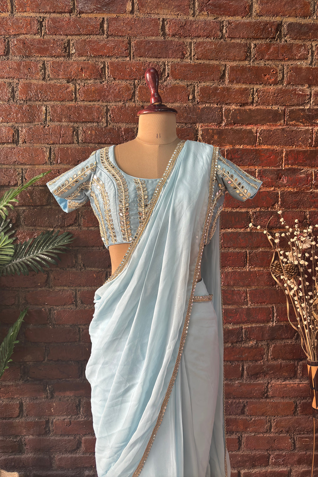 Sky Blue Pre-Draped Saree With Mirror Work Blouse