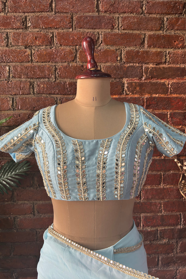 Sky Blue Pre-Draped Saree With Mirror Work Blouse